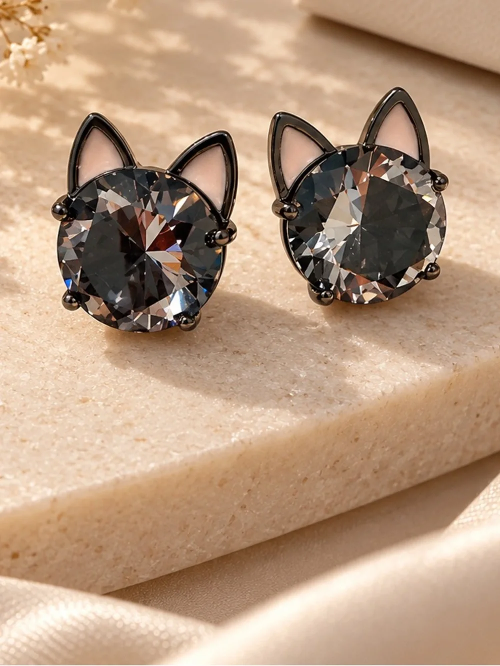Black Cat Ear Stud Earrings with Pink Ear Detail